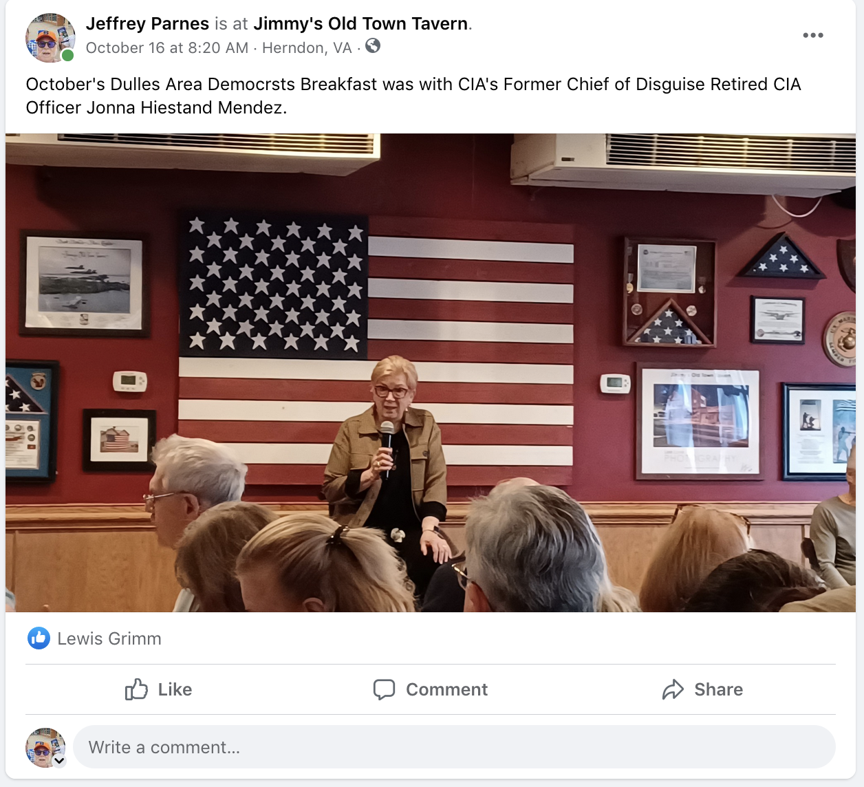 October's Dulles Area Democrats Breakfast was with CIA's Former Chief of Disguise Retired CIA Officer Jonna Hiestand Mendez